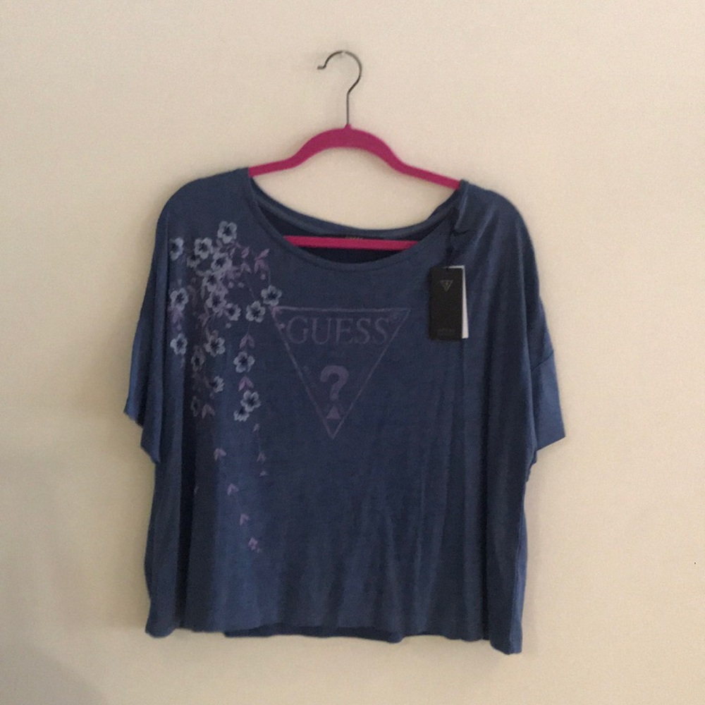 Guess Short Sleeved Blue Logo Graphic Crop Tee